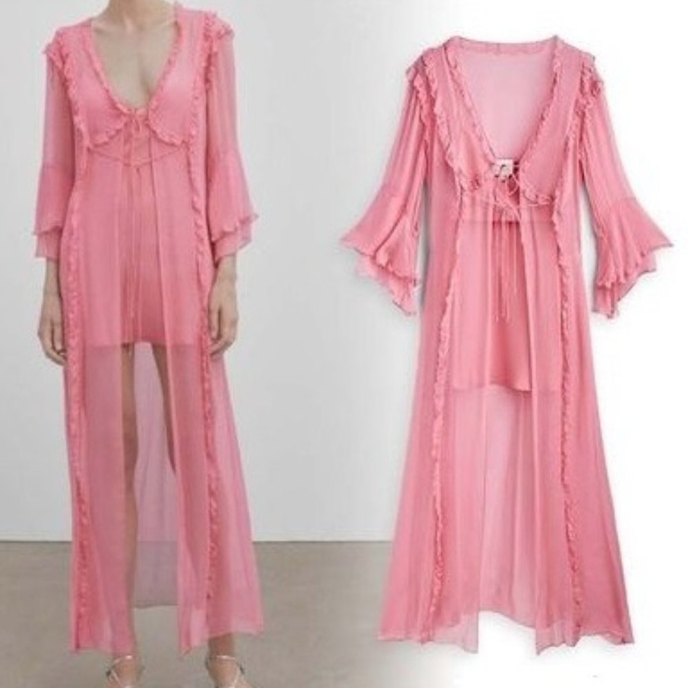 Massimo Dutti - Studio- Pink Dress with Long Airy Duster & Ruffles